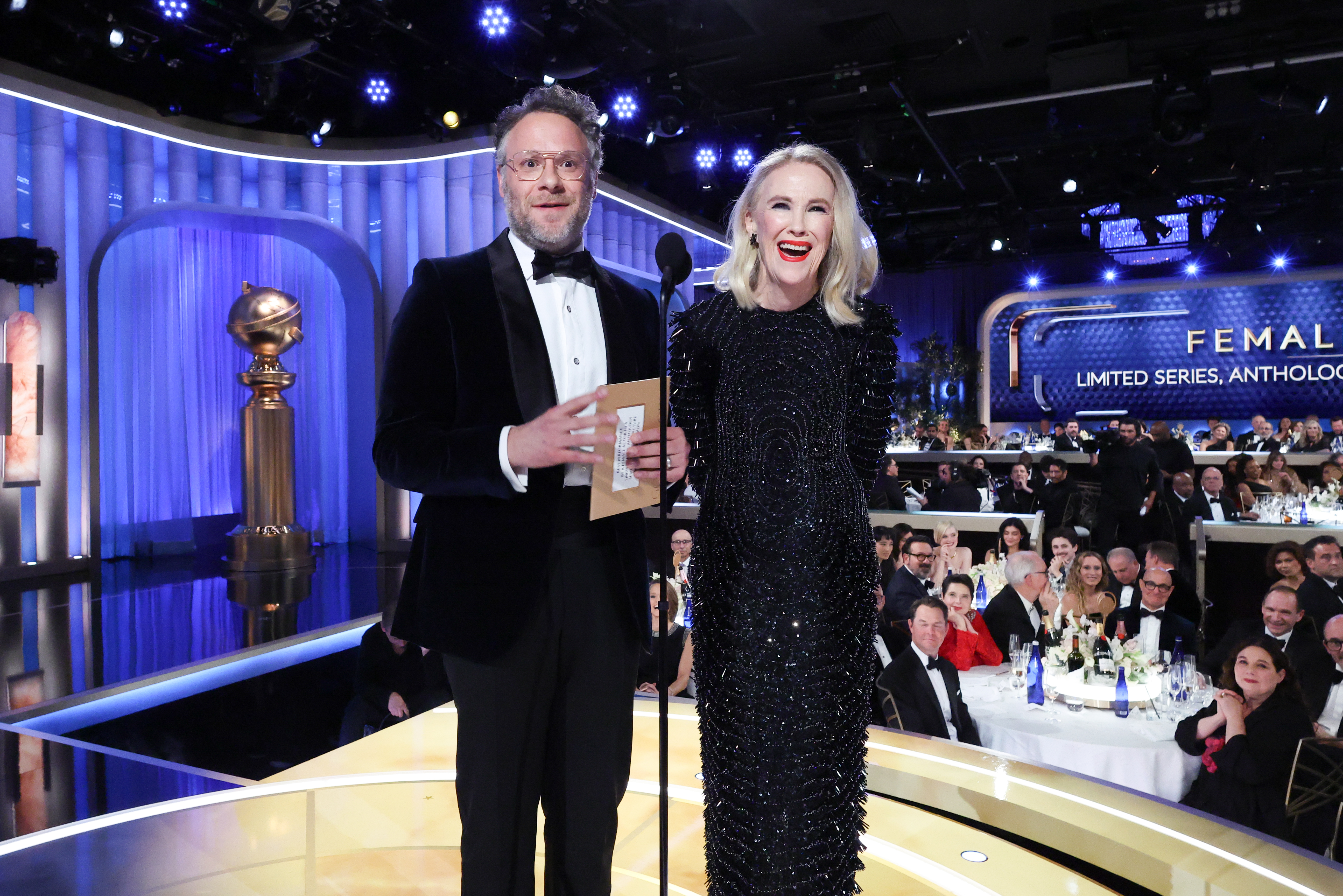 Seth Rogen and Catherine O'Hara onstage at the 82nd Annual Golden Globes.