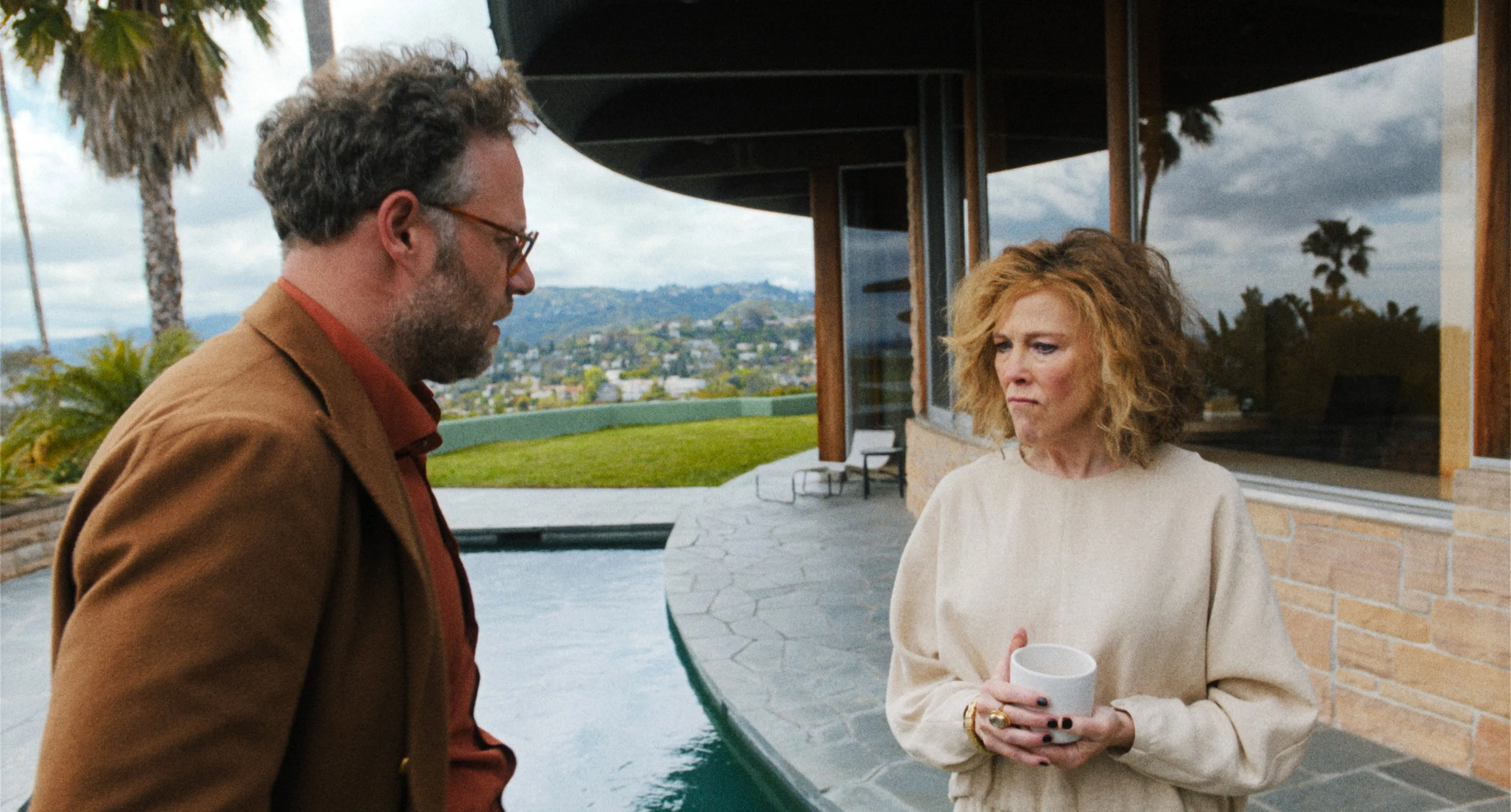 Seth Rogen and Catherine O'Hara face-to-face.