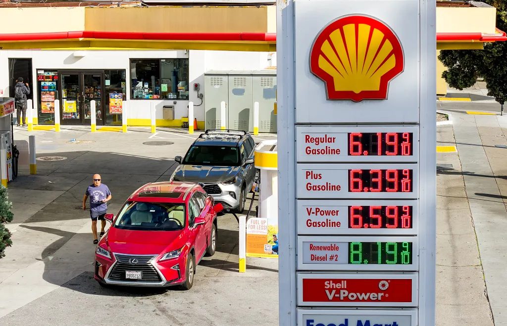 Gas prices displayed on a Shell sign, with diesel at $8.19 per gallon.