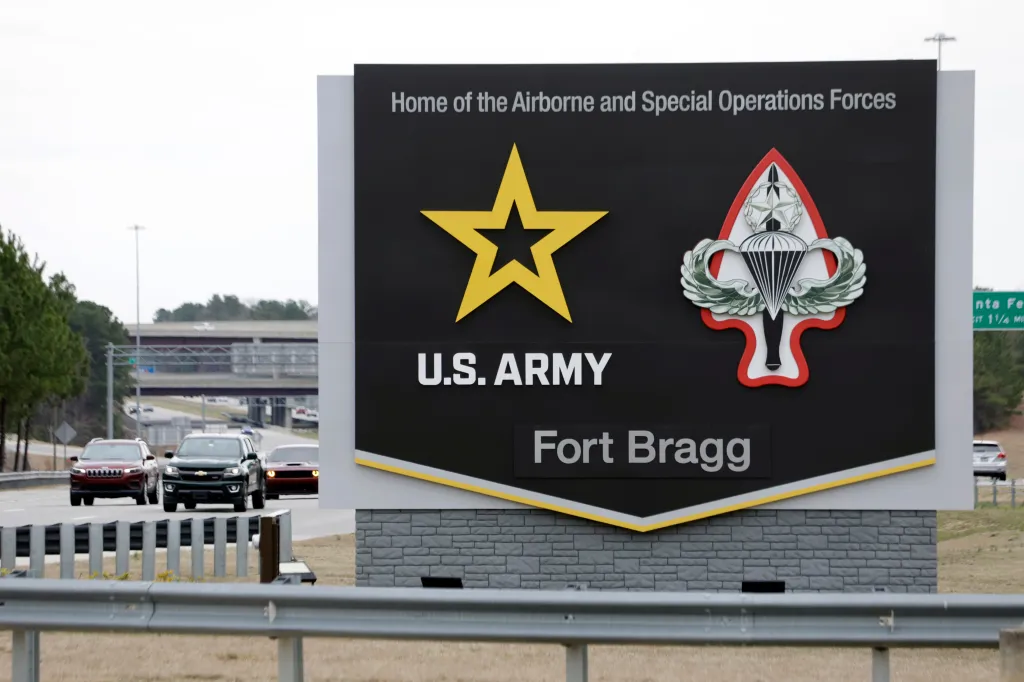 A sign for Fort Bragg, home of the U.S. Army's Airborne and Special Operations Forces.