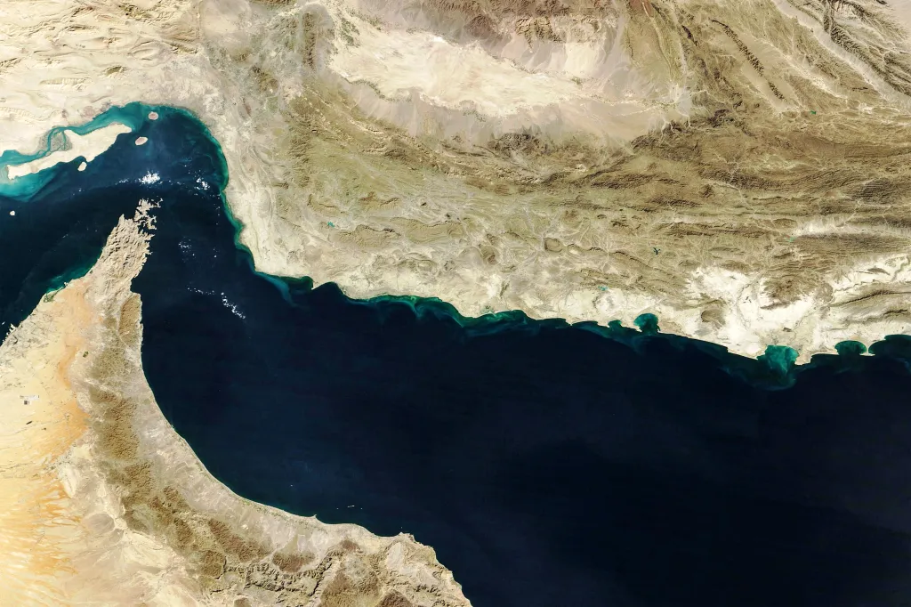 Satellite image of the Gulf of Oman, Makran region, Strait of Hormuz, and northern coast of Oman.