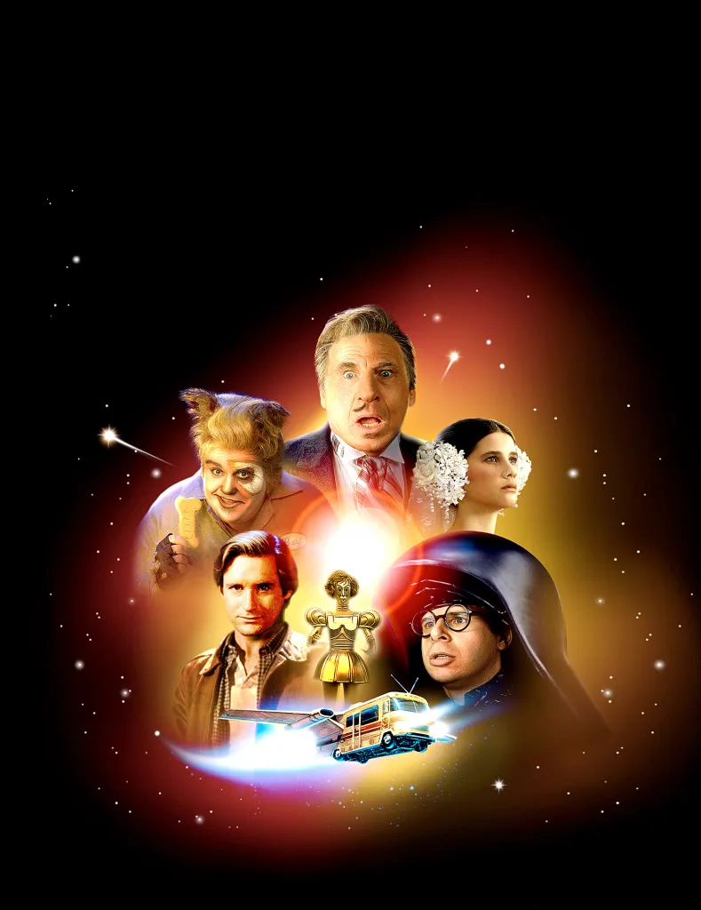 Collage of characters from the movie Spaceballs, including John Candy as Barf, Mel Brooks as Yogurt, Bill Pullman as Lone Starr, Daphne Zuniga as Princess Vespa, Rick Moranis as Dark Helmet, and the droid Dot Matrix, with a spaceship shaped like a Winnebago flying in front.