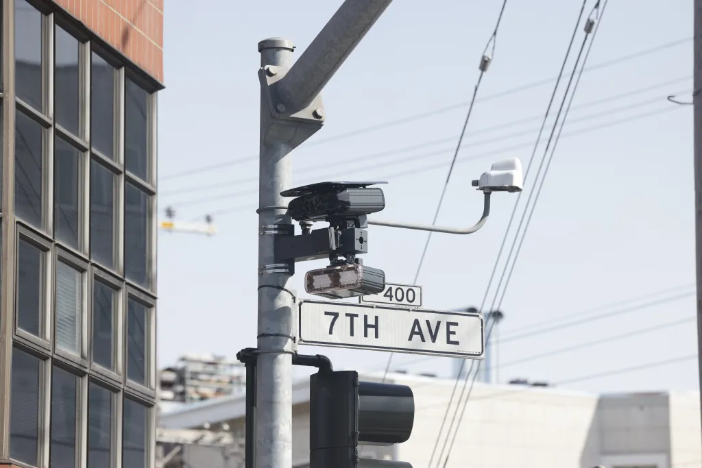 A speed safety camera is seen on a pole along Geary at 7th Avenue in San Francisco.