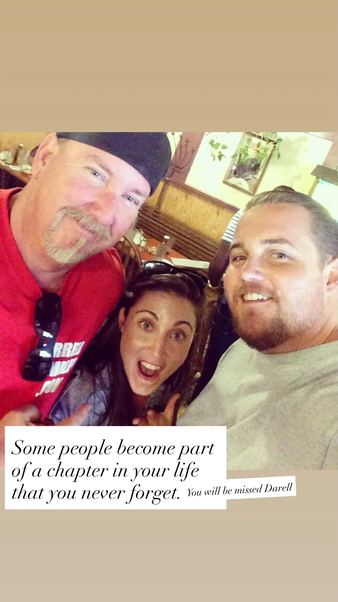 Mary Padian posing with two men, with a caption mourning the death of Darrell Sheets.