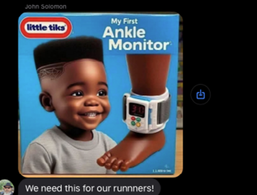 Meme of a toy box for "My First Ankle Monitor" featuring a Black baby, with text "We need this for our runnners!"