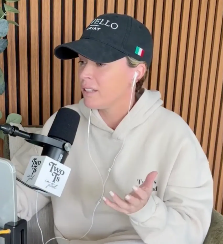 Teddi Mellencamp speaking into a microphone for "Two Ts in a Pod" podcast.
