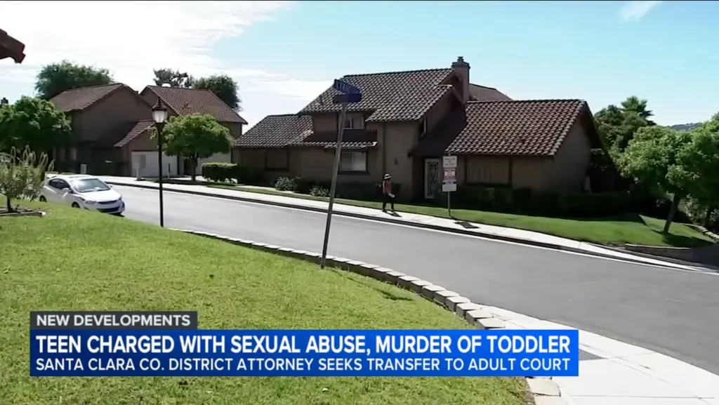 A street with houses, trees, and a car, with text overlaying the image that reads "TEEN CHARGED WITH SEXUAL ABUSE, MURDER OF TODDLER".