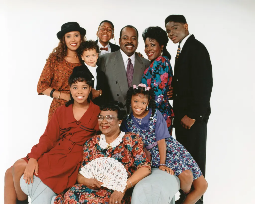 Cast shot from the TV show "Family Matters" showing nine actors of varying ages.