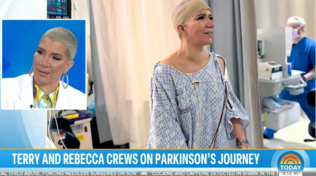Rebecca Crews in a hospital gown with a bandaged head, and an inset of her speaking on TV, discussing her Parkinson's diagnosis.