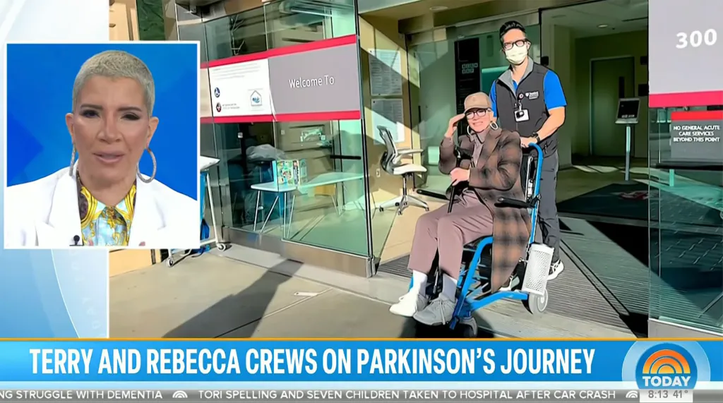 Rebecca Crews, in a video call, and another person in a wheelchair being pushed by a man, outside a building with a "Welcome To" sign.