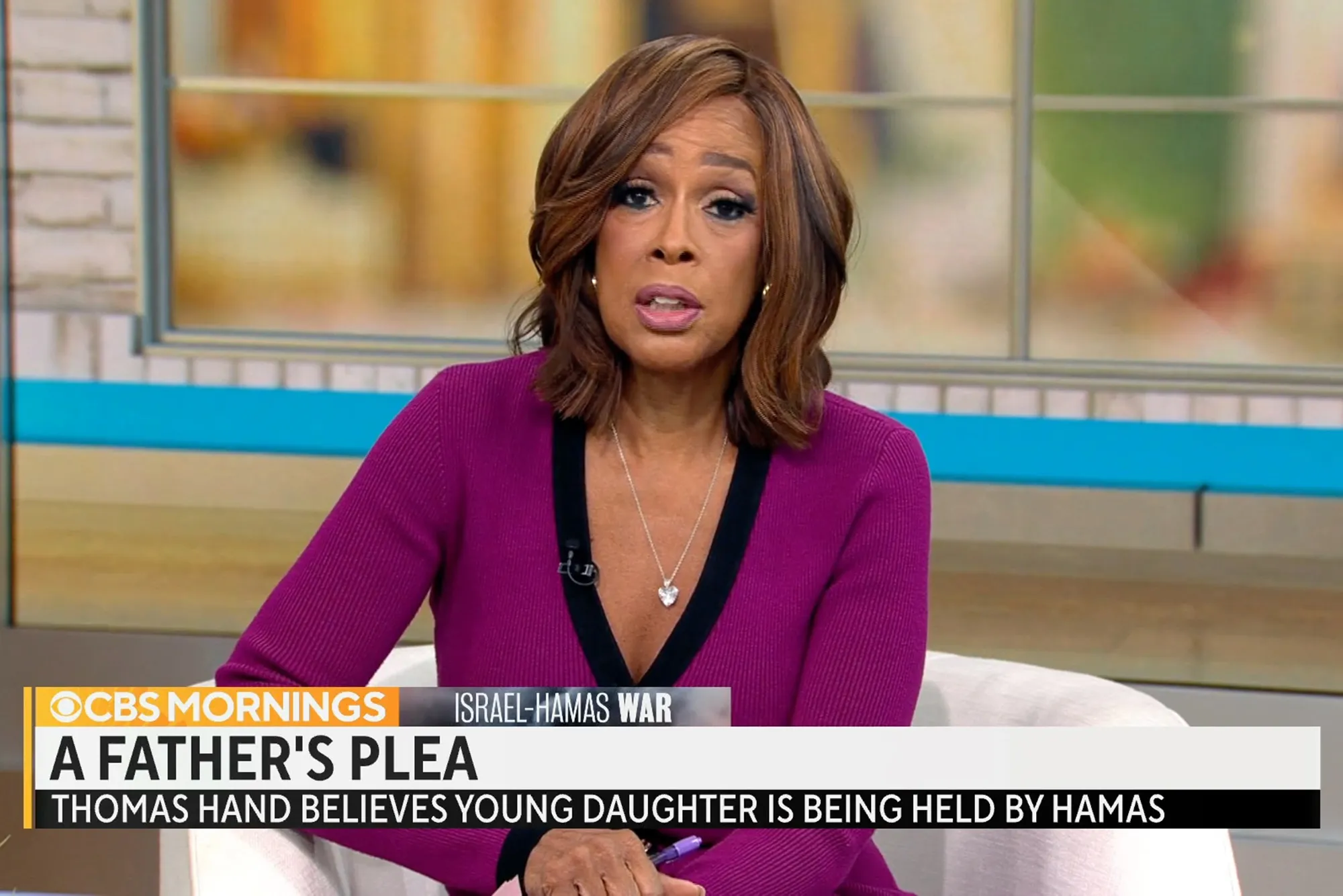 Gayle King on CBS Mornings discussing the Israel-Hamas War and a father's plea for his daughter.