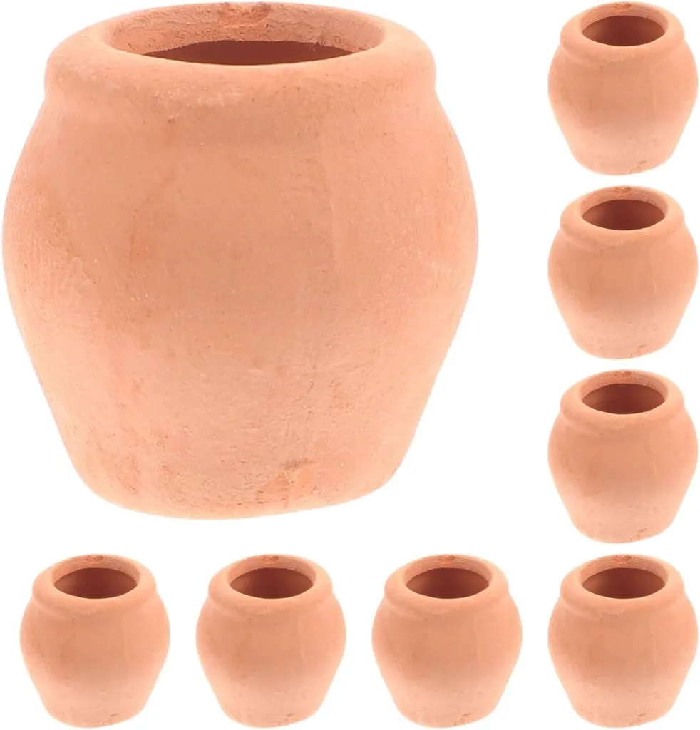 Collage of small terracotta clay pots.