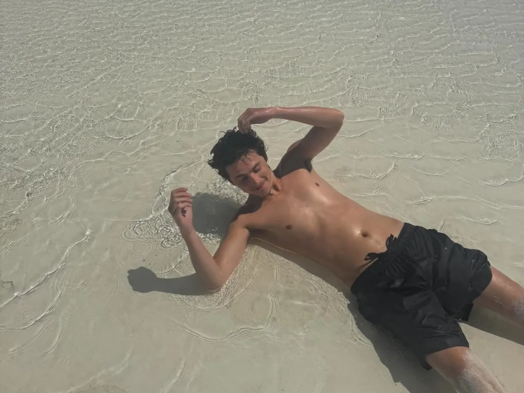 Timothee Chalamet lying in clear shallow water on a beach.