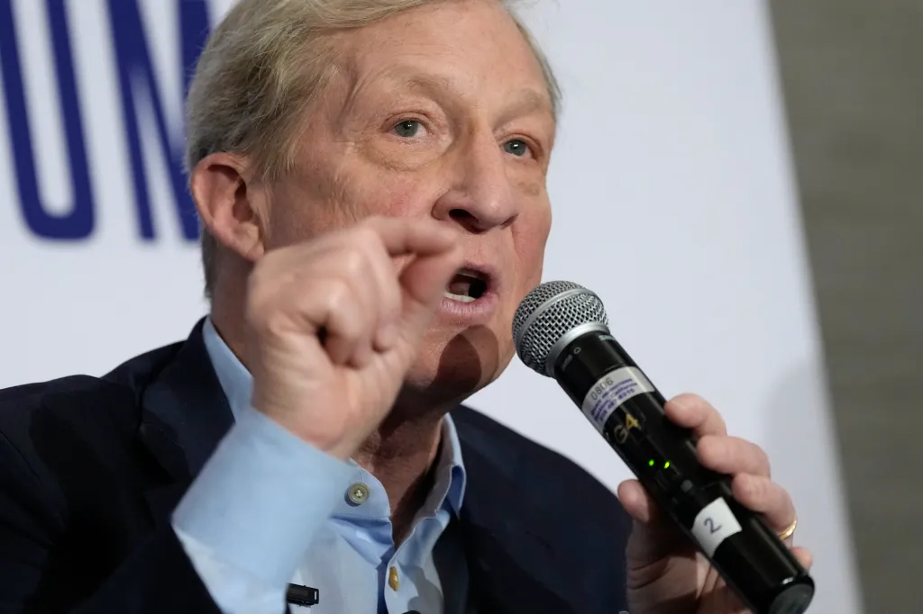 Tom Steyer speaking into a microphone.