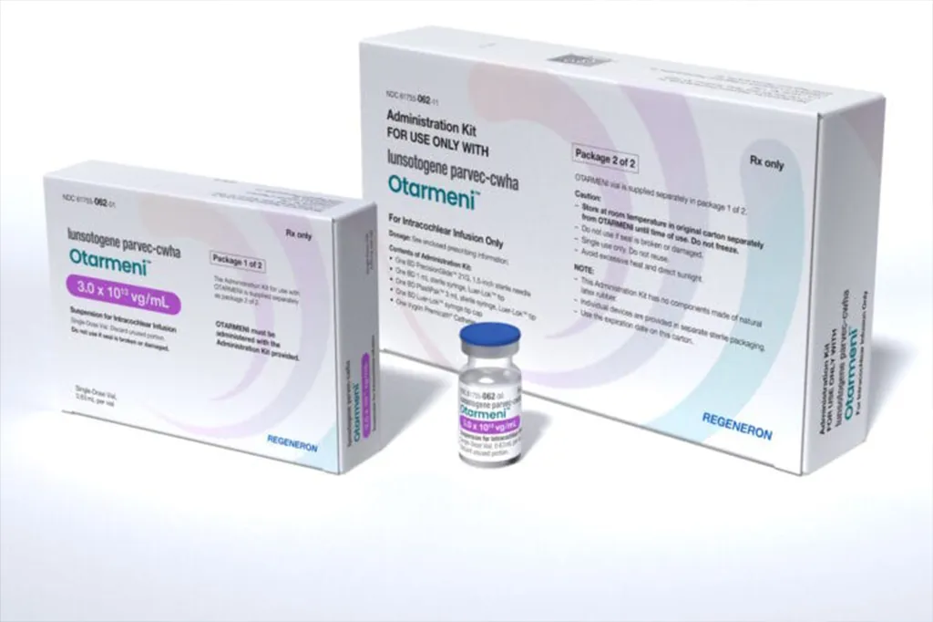 Two white boxes labeled "Otarmeni" and "REGENERON," one containing a small vial, are shown against a white background.