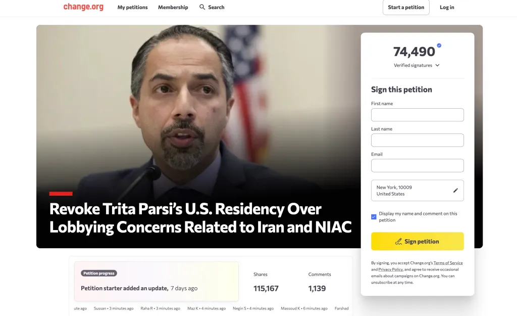 A Change.org petition featuring a photo of Trita Parsi and a call to 
