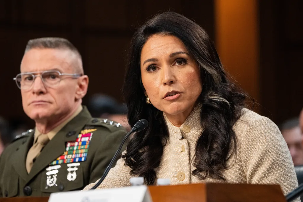 Director of National Intelligence Tulsi Gabbard speaks at a Senate hearing with a military official to her left.