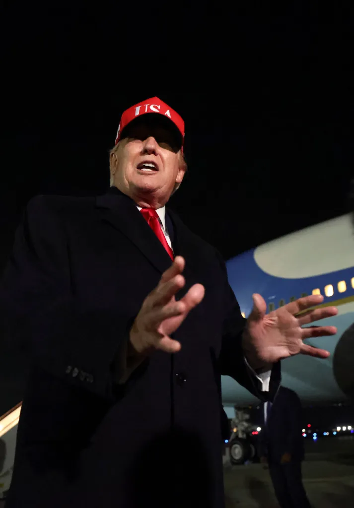 Donald Trump speaking after disembarking Air Force One at Joint Base Andrews.