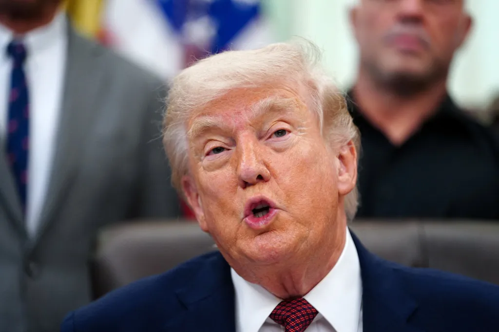 U.S. President Donald Trump speaking in the Oval Office.