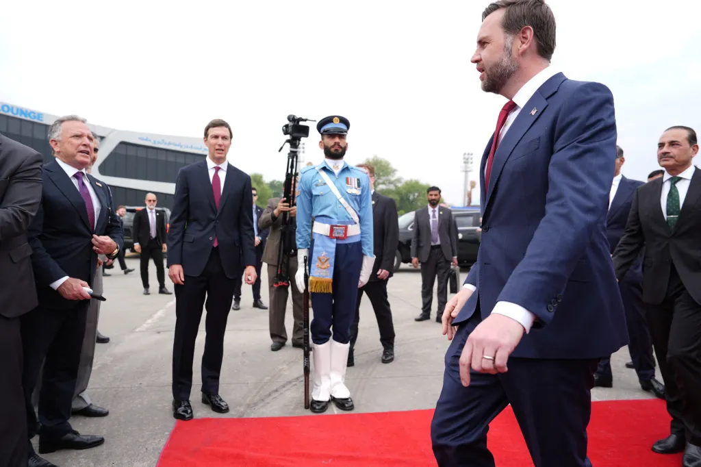 U.S. Vice President JD Vance walks with Jared Kushner and Steve Witkoff after arriving in Islamabad, Pakistan.