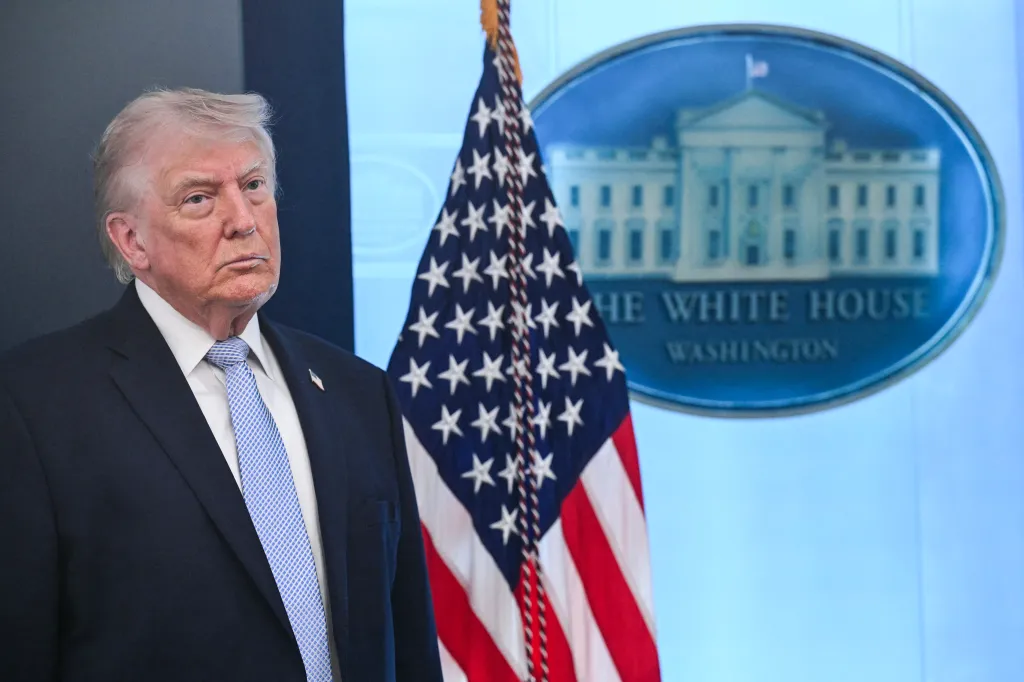 US President Donald Trump looks on during a press conference in the White House.