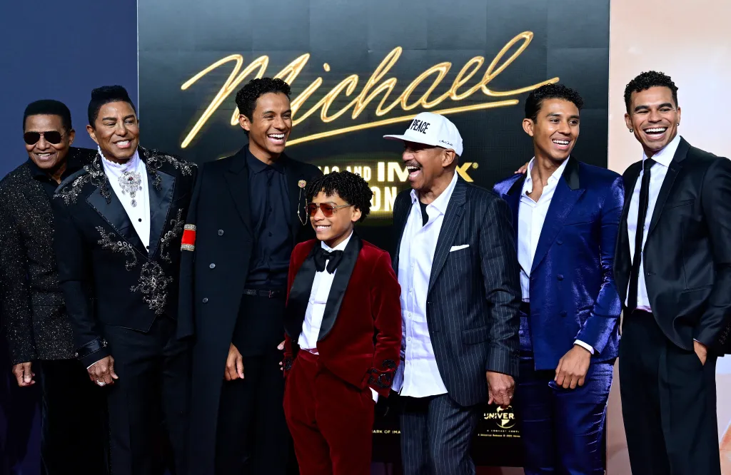 Jackie Jackson, Jermaine Jackson, Jaafar Jackson, Juliano Valdi, and other guests pose at the premiere of the Michael Jackson biopic "Michael."