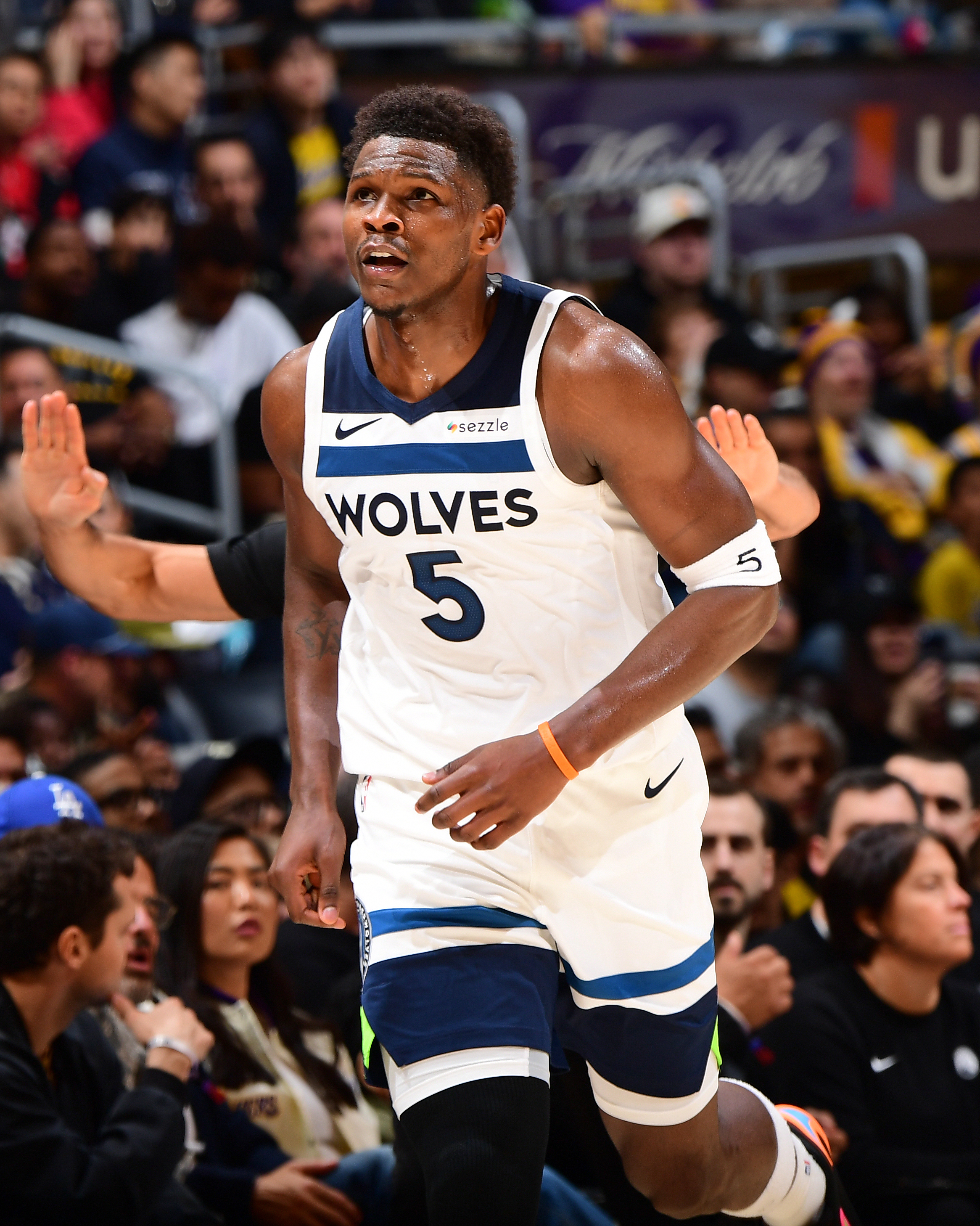 Anthony Edwards of the Minnesota Timberwolves looking on during the game against the Los Angeles Lakers.