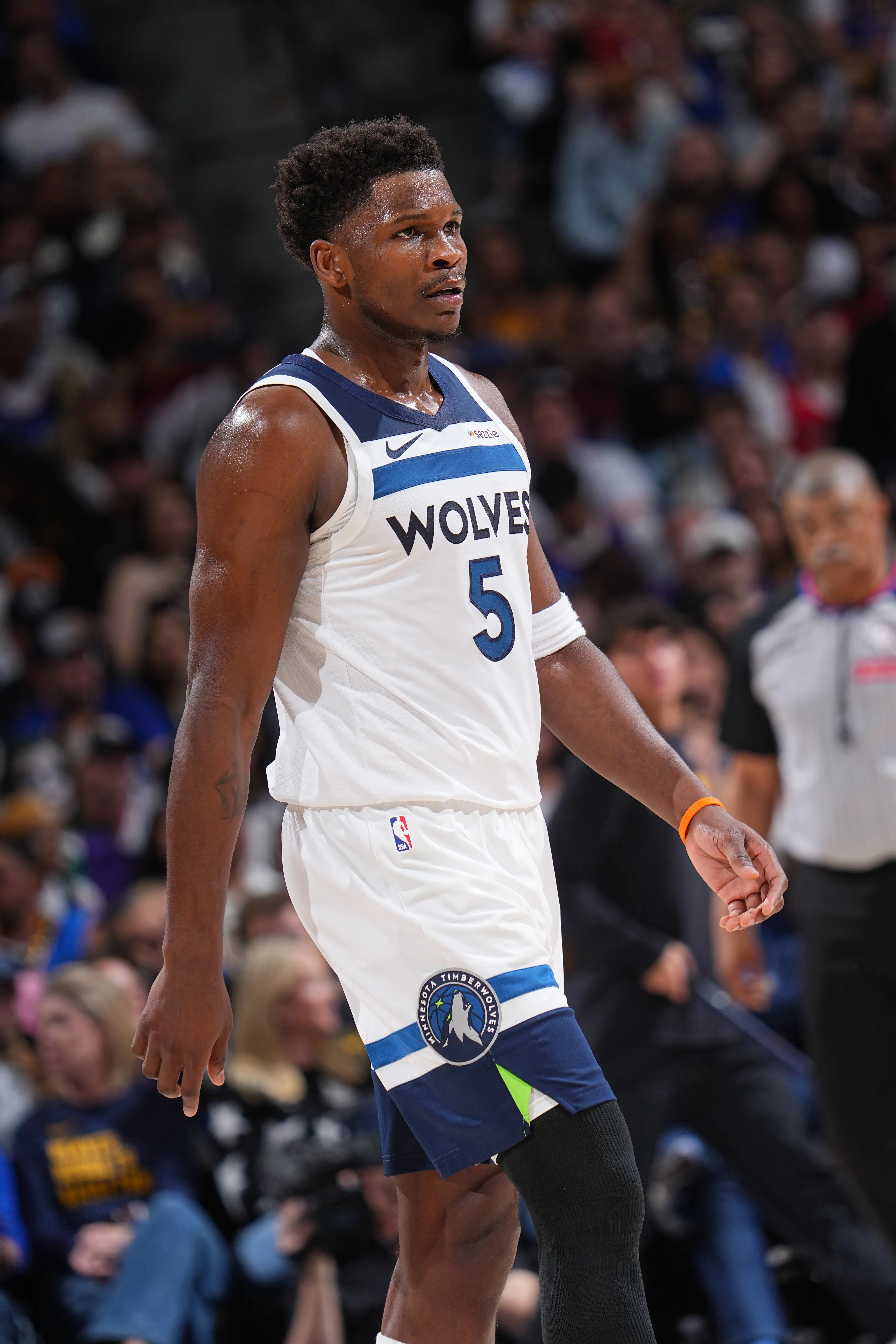 NBA player Anthony Edwards looking on during the 2026 NBA Playoffs.