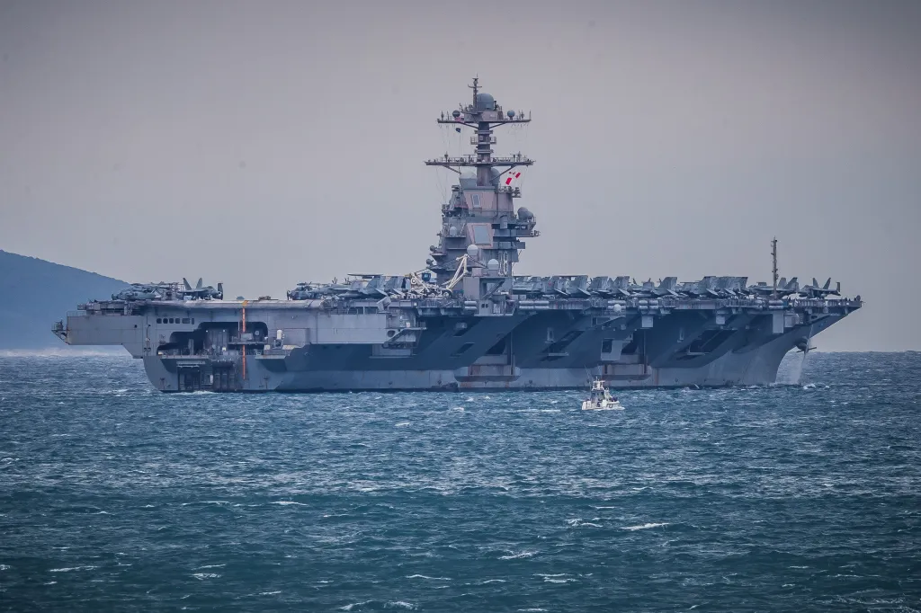 The USS Gerald R. Ford aircraft carrier departs from Split, Croatia.