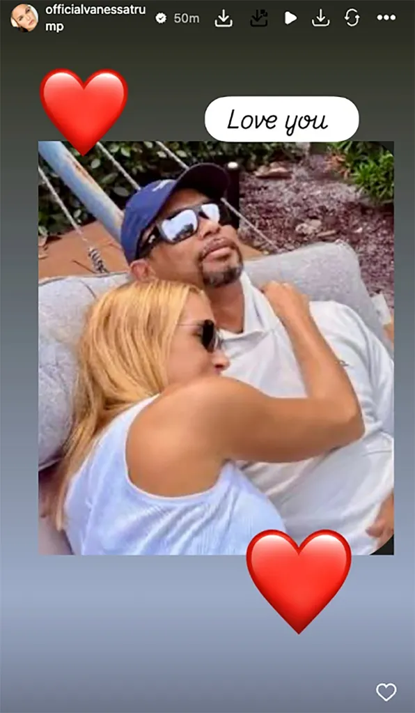 Vanessa Trump embracing Tiger Woods, with text "Love you" and red heart emojis.