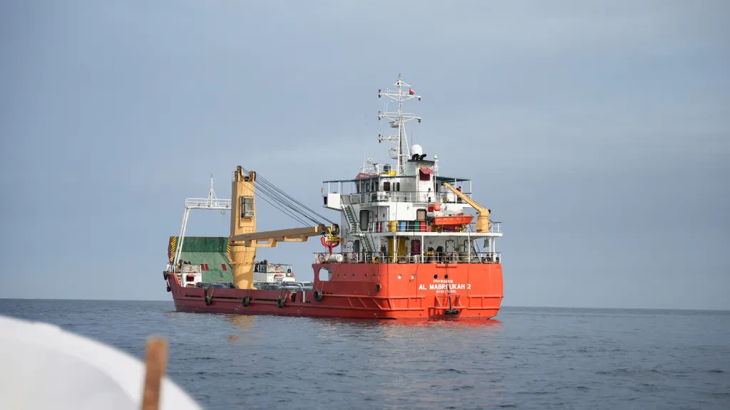 A vessel at the Strait of Hormuz, off the coast of Oman's Musandam province, on April 12, 2026.