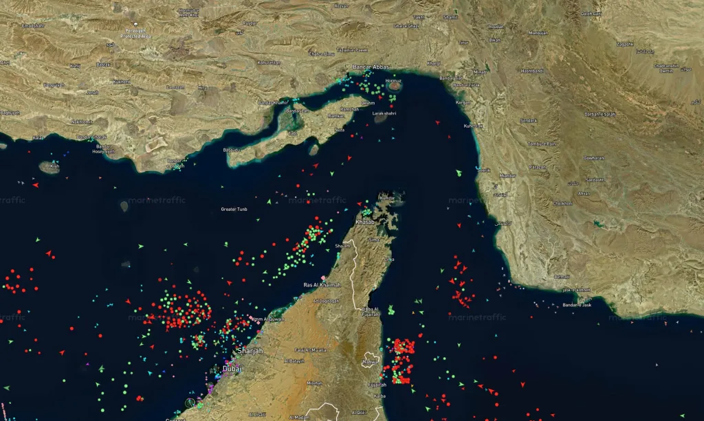 Vessel tracker showing traffic in the Strait of Hormuz.