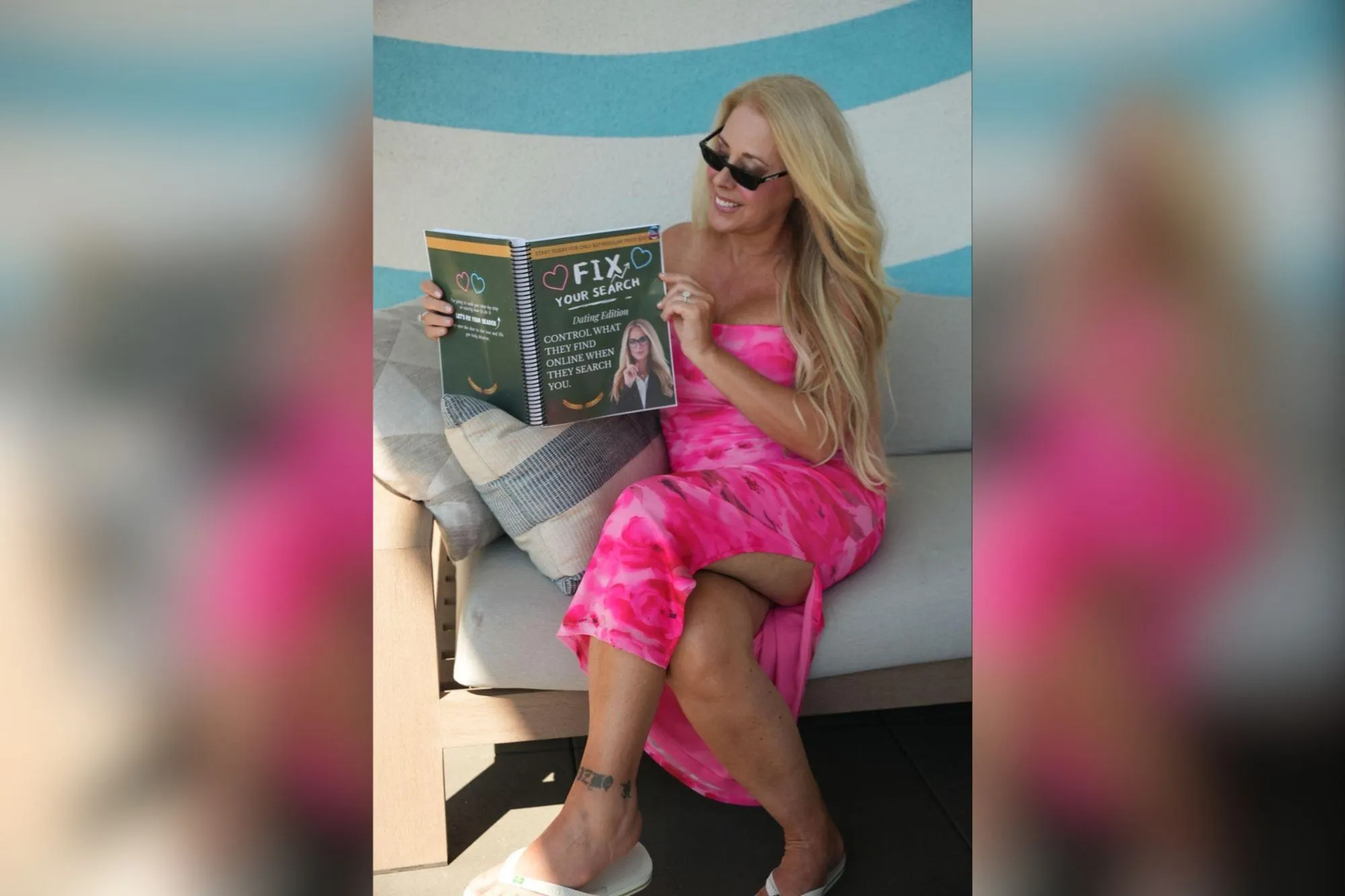A woman in sunglasses and a pink dress sits on a couch, holding an open book titled "FIX YOUR SEARCH Dating Edition."