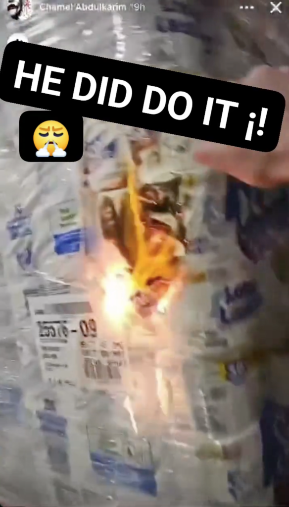 Toilet paper on fire, with the text "HE DID DO IT !" and a frustrated face emoji.