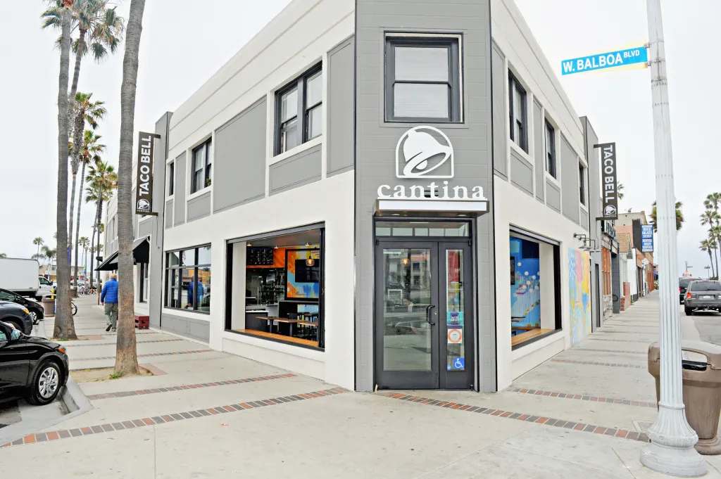 Exterior view of the Taco Bell Cantina in Newport Beach, California, on the corner of W. Balboa Blvd.