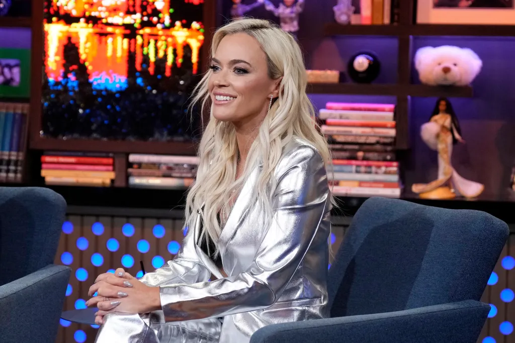 Teddi Mellencamp seated on a talk show set.