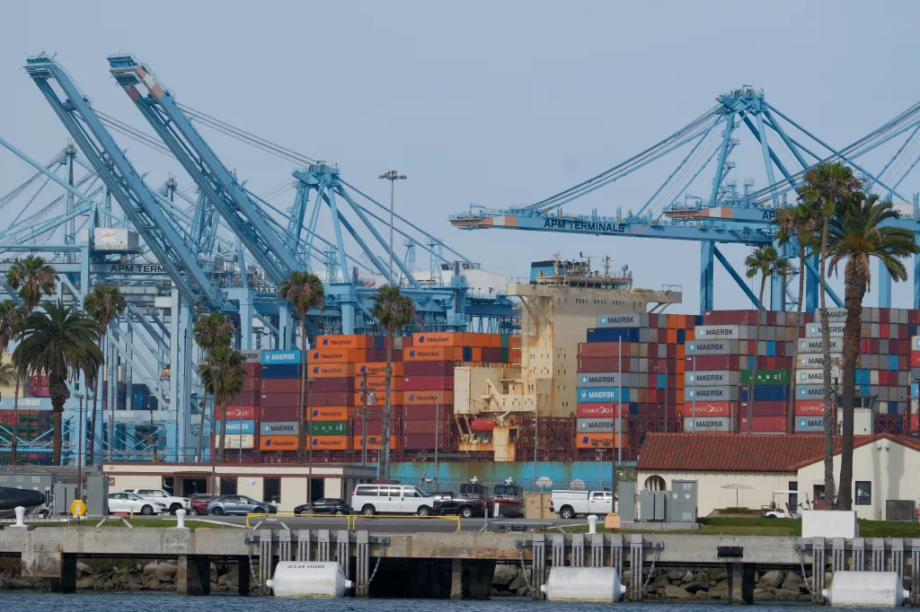Cargo ships and shipping containers at the Port of Los Angeles.
