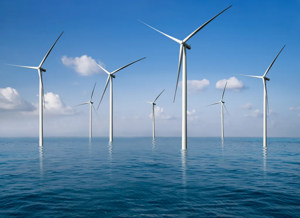 Illustration of an offshore wind farm with turbines standing in the blue ocean under a clear sky.