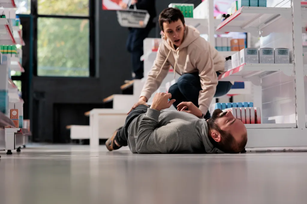 A woman rushing to help a man having a seizure in a medical store.