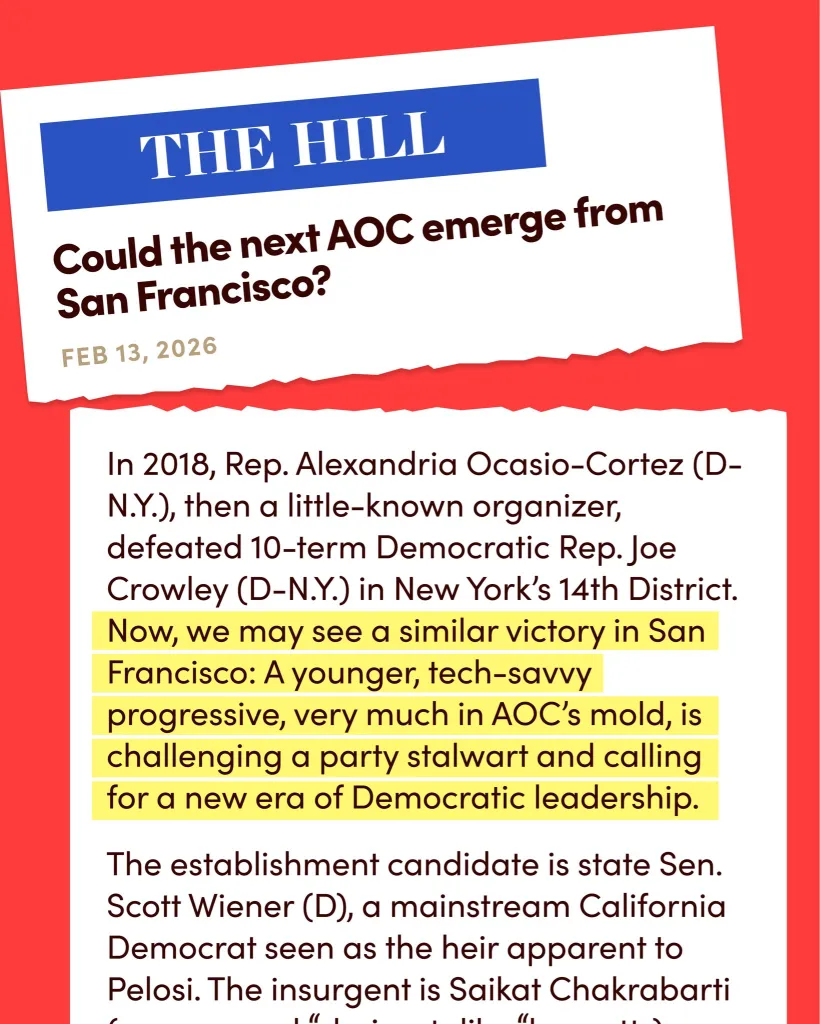 An article from The Hill titled "Could the next AOC emerge from San Francisco?" discussing a progressive challenger.