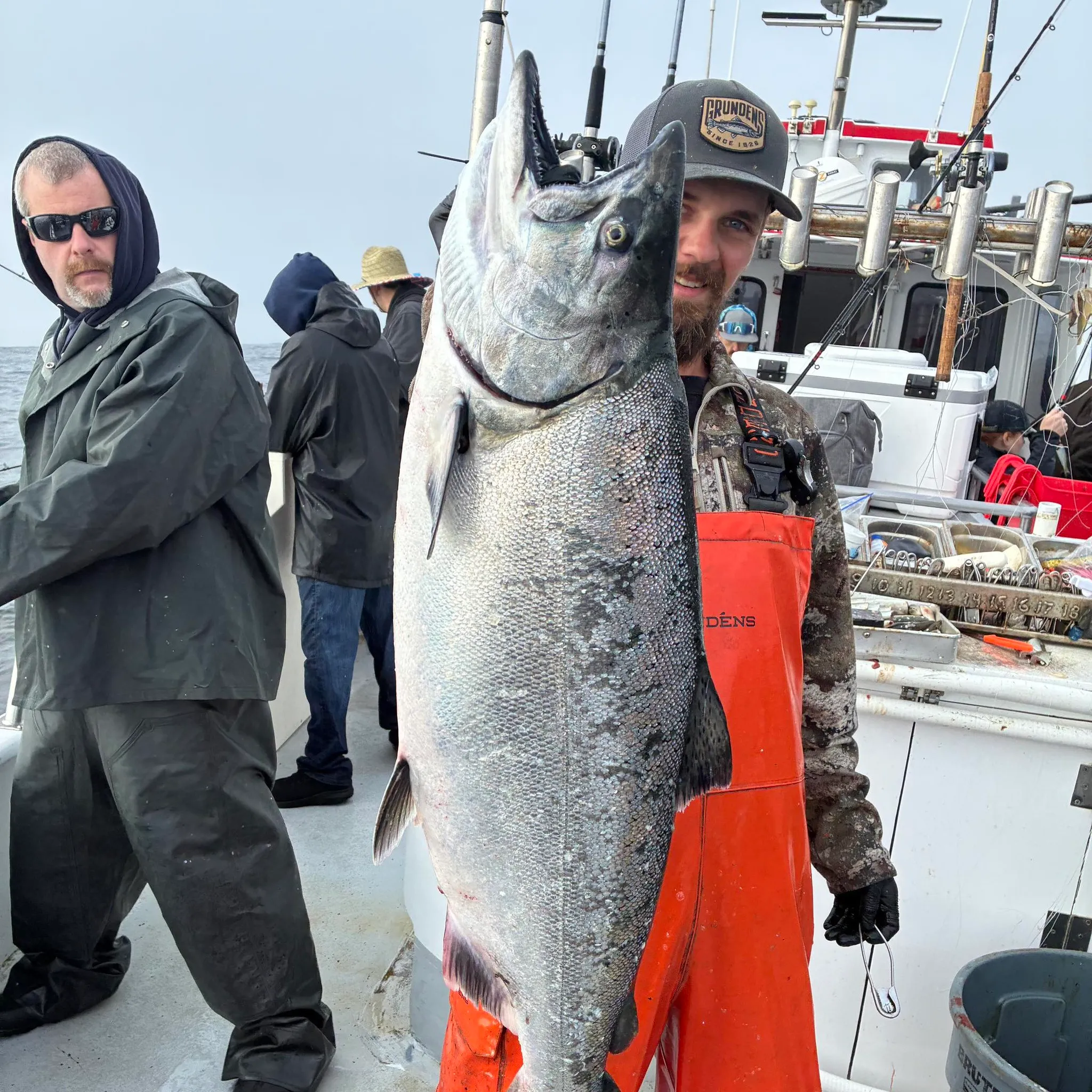 A man on a boat holding a very large fish.