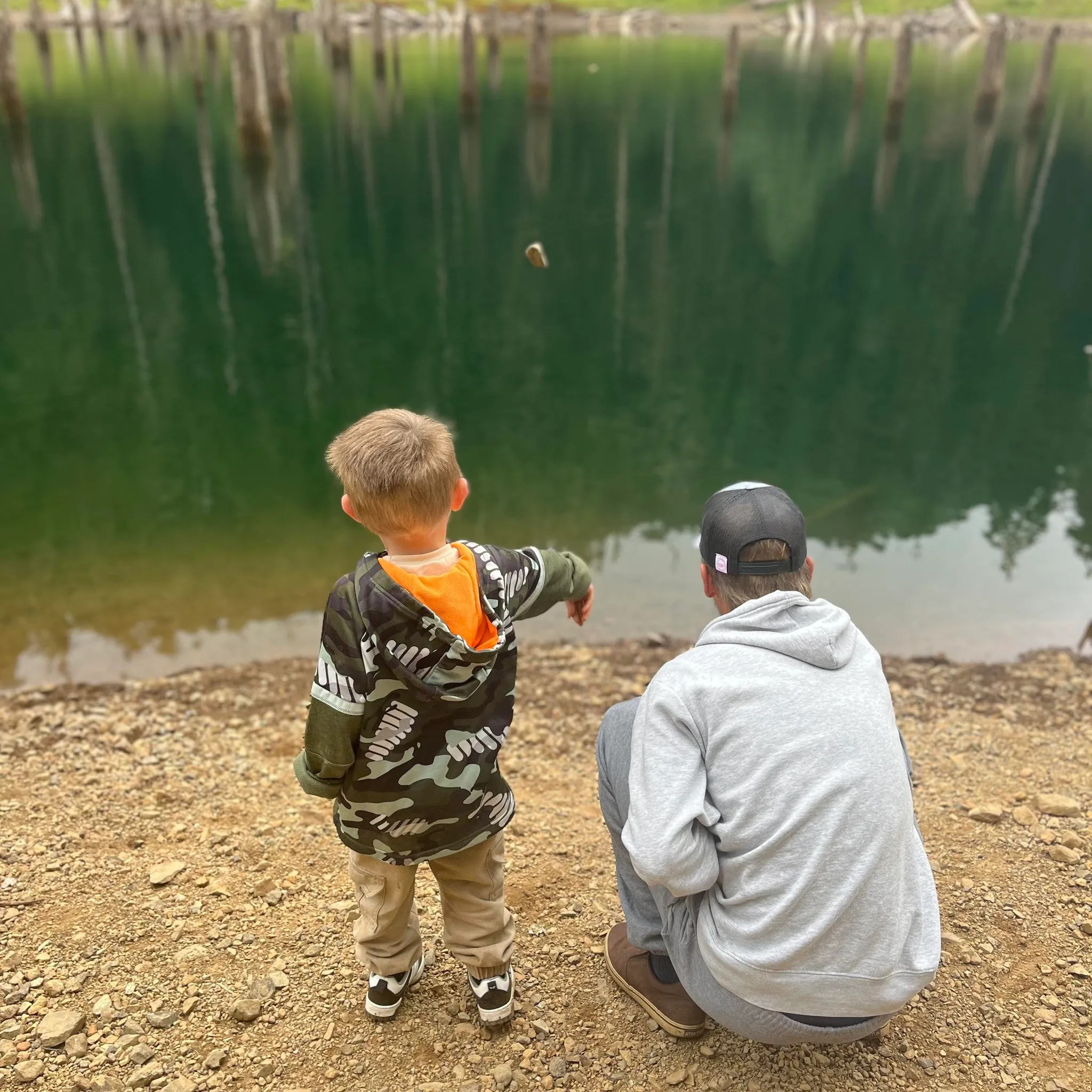 A young boy in a camouflage jacket throwing a rock into a lake while an adult in a grey hoodie crouches beside him.
