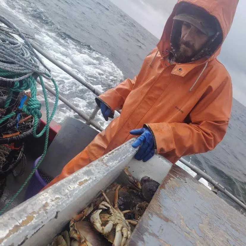 Todd Meadows, a Deadliest Catch star, on a boat with a box full of crabs.
