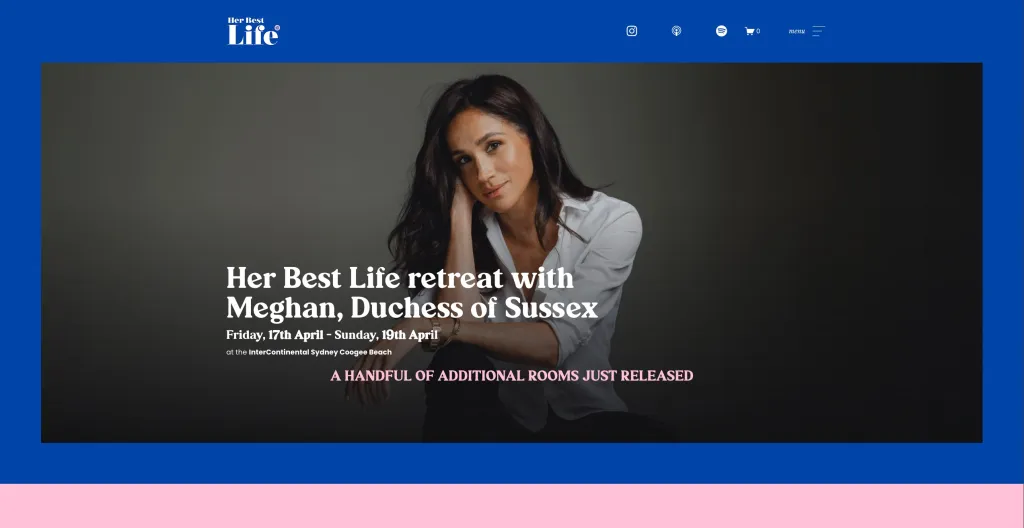 Website for "Her Best Life retreat with Meghan, Duchess of Sussex" featuring a photo of Meghan, in a white shirt.