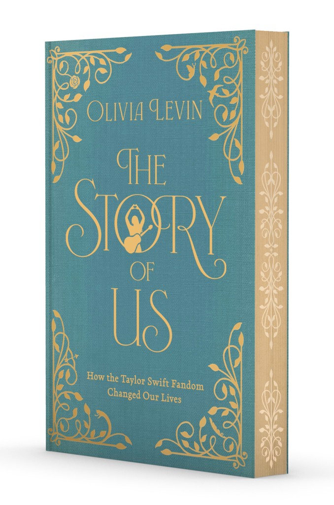 Illustration of Taylor Swift book "The Story of Us" book by Olivia Levin, a teal hardback with gold scrollwork and title, and an image of a woman with a guitar in the letter "O" of "Story."
