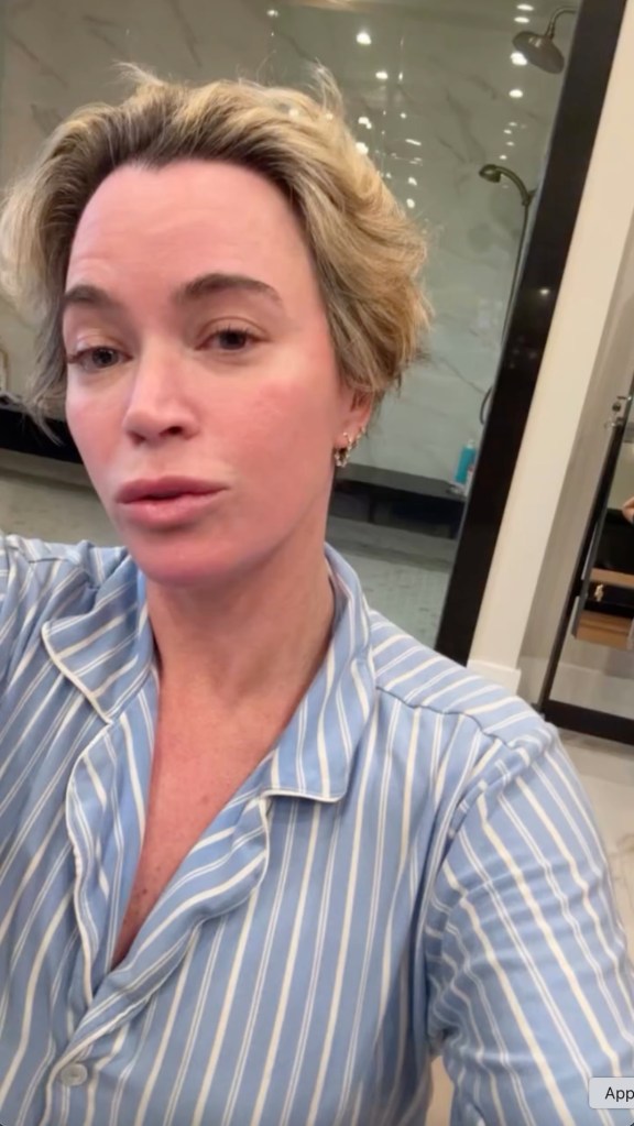 Teddi Mellencamp with short blonde hair and a blue striped top.