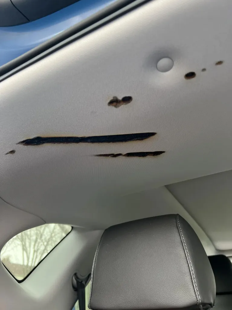 Burn marks inside car.