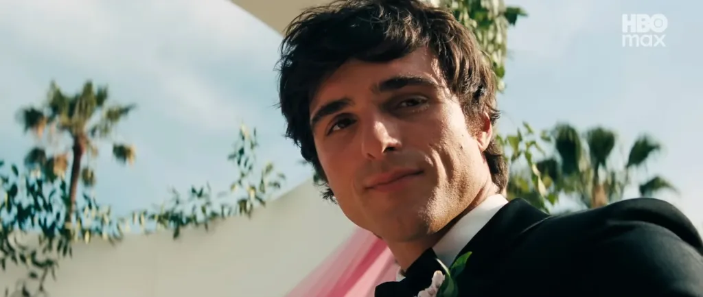 Jacob Elordi as Nate in "Euphoria" Season 3, in a tuxedo with a slight smirk.