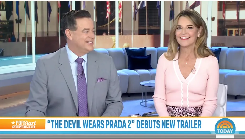 Two news anchors on the "Today" show, with a banner below announcing a sneak peek of "The Devil Wears Prada 2".