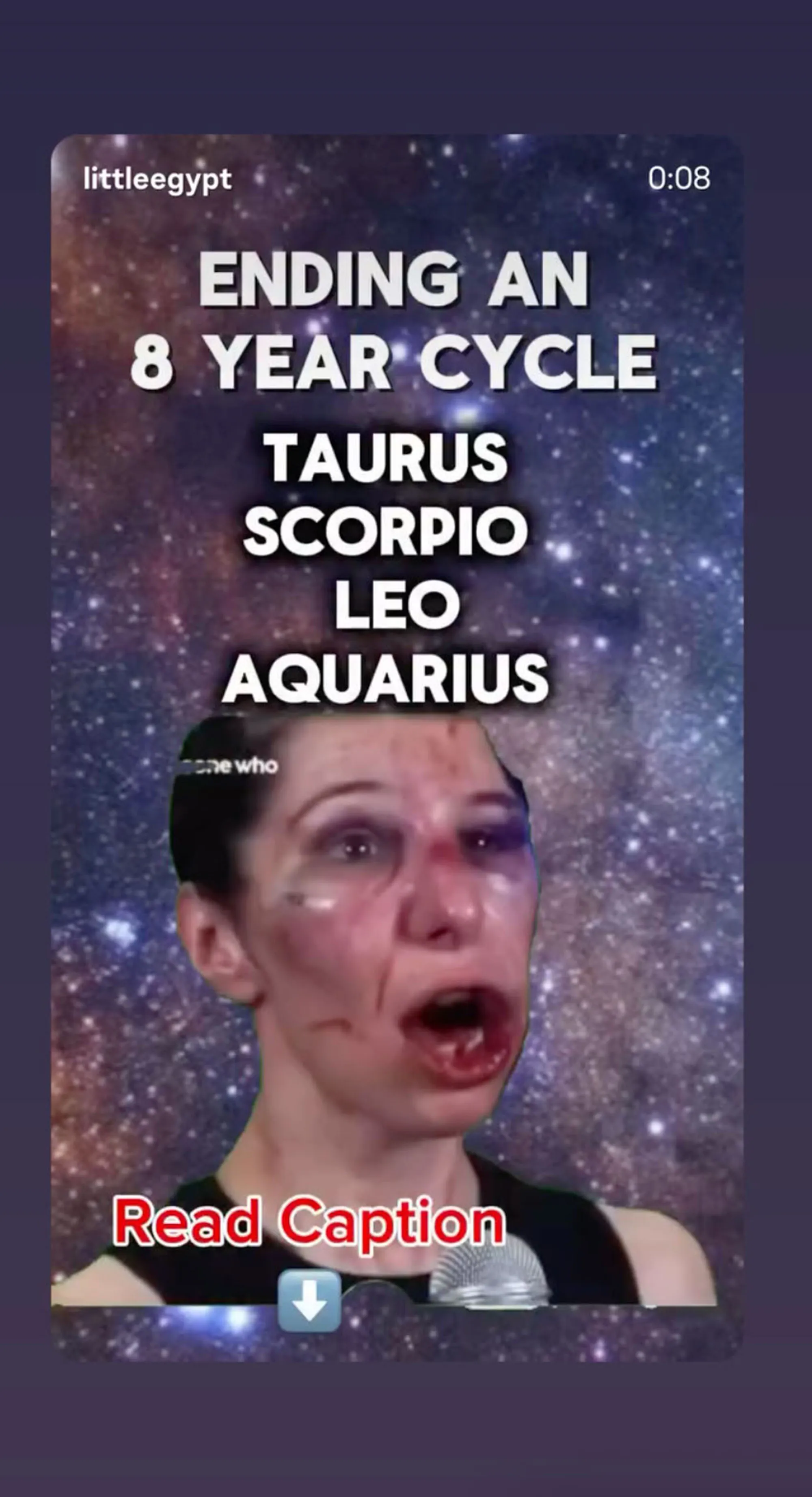 A still from a video showing a woman with a bruised face singing, overlaid with text about ending an 8-year cycle for specific zodiac signs.